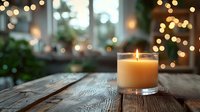 Glowing candle in glass holder on rustic wooden table with soft bokeh lights and greenery creating cozy atmospheric holiday ambiance for seasonal decor.