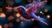 Magical glowing hummingbird with sparkles and light particles against dark bokeh background, fantasy art style with pink and blue luminescent effects.