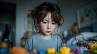 Young girl with messy hair in gray sweater playing with colorful toys in bedroom, childhood development and learning through play activities.