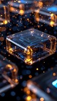 Futuristic transparent microchip processor with glowing circuits floating in digital space with golden bokeh lights for technology concepts.