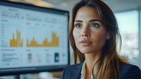 Professional businesswoman analyzing financial data charts on computer monitor in modern office environment for corporate presentations.