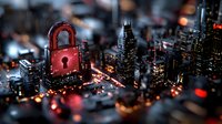 Glowing red padlock over futuristic city skyline with digital network connections, representing cybersecurity and data protection in urban environment.