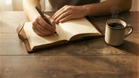 Person writing in open notebook with pen on wooden table next to coffee mug in warm natural light for journaling and creative work.