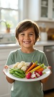 Happy young boy holding plate of fresh colorful vegetables in modern kitchen, promoting healthy eating habits and nutrition education for children.