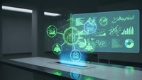 Futuristic holographic interface displaying green data analytics, charts and molecular structures floating above modern desk in dark tech environment.