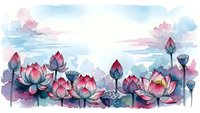 Watercolor lotus flowers in pink and blue tones create serene botanical border on white background for meditation, wellness and spa design projects.
