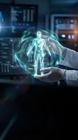 Doctor hands holding holographic human body projection in modern medical laboratory for healthcare technology and digital medicine research.
