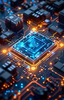Glowing microprocessor on circuit board with orange and blue light effects, electronic paths and components in macro view for technology concept.
