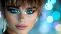 Close up portrait of young woman with bright turquoise eyes, glitter makeup, and pink lips against blurred bokeh lights background in blue and purple tones.