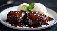 Decadent chocolate lava cakes with molten center served on white plate, topped with chocolate sauce, vanilla ice cream and fresh mint garnish. Dark moody background.