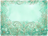 Ornamental floral border frame with turquoise and gold leaf patterns on mint background, ideal for invitations, cards, and design templates.