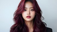 Young Asian woman with burgundy red wavy hair and red lipstick looking at camera against light background, beauty portrait with professional makeup and hairstyling.