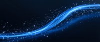 Abstract blue energy wave with glowing particles and sparkles on dark background for digital technology and futuristic design projects.