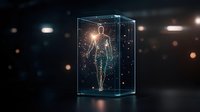 Glowing human silhouette enclosed in transparent glass box with digital particles and light effects on dark background, futuristic concept for artificial intelligence.