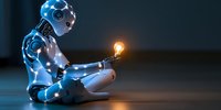 Futuristic robot child sitting with glowing light bulb against dark background, symbolizing artificial intelligence and innovation in technology education.