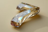Crystal number seven in golden amber color with rainbow light reflections on beige background, modern minimalist design element for luxury branding and typography.