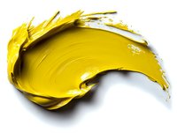 Yellow paint smear with dynamic brushstroke texture on white background, showing glossy artistic swirl movement and rich pigment detail. Isolated for creative design.