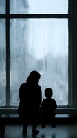 Mother and child silhouettes sitting by rain-streaked window on stormy day. Emotional family moment during bad weather indoors at home.
