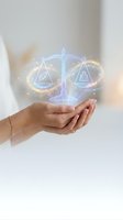 Woman's hand holding glowing neon scales of justice symbol with light particles, representing legal services, law firm, compliance, and ethical business practices.