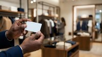 Close-up of male hands holding blank white card in upscale retail clothing store with merchandise displays and customers shopping in background.