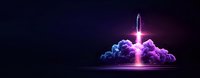 Glowing rocket launch through vibrant purple and blue clouds against dark background, illuminated by neon lights creating dramatic space exploration scene.