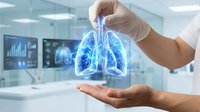Medical professional displaying holographic lung anatomy in modern healthcare facility for respiratory system analysis and diagnostic education.