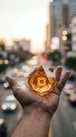 Male hand holding glowing amber crystal against blurred urban street with bokeh lights at dusk, symbolizing energy, innovation, and success for business and technology concepts.