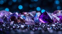 Sparkling purple and blue gemstones with bokeh lights creating luxury jewelry background for elegant design projects and premium marketing materials.