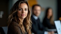 Professional businesswoman with long wavy hair in modern office environment with colleagues in background for corporate presentations and marketing.