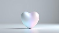 Holographic heart shape with iridescent gradient colors floating on clean white surface, modern minimalist design for love and romance concepts.