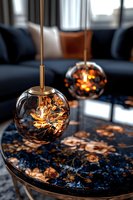 Modern spherical pendant lamps with copper wire elements inside glass globes, hanging above dark marble table with blue and copper patterns. Luxury interior design.