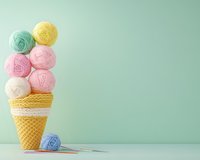 Colorful yarn balls stacked in ice cream cone shape against mint green background, creative crafting concept for knitting and crochet projects.