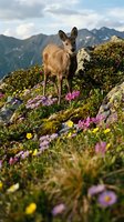 Young roe deer standing among colorful alpine wildflowers on mountain slope with dramatic peaks in background during golden hour lighting.