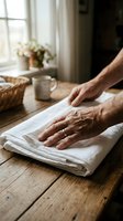 Senior woman hands folding white linen fabric on rustic wooden table in cozy home interior with natural window light for domestic household chores.
