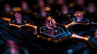 Glowing hexagonal network with pink neon cryptocurrency symbol on dark background, digital blockchain technology concept for financial presentations.
