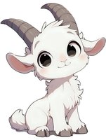 Cute baby goat character with big eyes and fluffy white fur on isolated background, suitable for children's book illustrations and merchandise design.