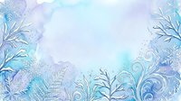 Frost-covered foliage and ornamental swirls frame a serene winter landscape with soft lavender and turquoise tones, suitable for seasonal backgrounds and holiday designs.