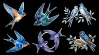Six watercolor swallows and bluebirds in flight and perched on branches with nest, isolated on transparent background, ready for stickers, sublimation, and t-shirt design.