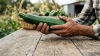 Farmer holding fresh green cucumber on wooden table at harvest time, suitable for agriculture, organic farming, and food production marketing.