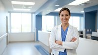Confident female doctor in white coat standing with crossed arms in modern hospital corridor with blue walls and bright lighting for healthcare concepts.