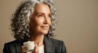 Mature woman with gray curly hair wearing dark blazer holding skincare cream jar, looking away thoughtfully against neutral background.