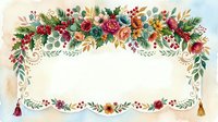 Vintage floral garland with roses, peonies, and greenery arranged in ornate frame with tassels, suitable for wedding invitations and greeting cards.