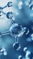 Transparent glass molecular structure in blue tones with bokeh background, representing scientific research and chemical compounds.