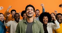Diverse group of happy people celebrating success with raised fists and joyful expressions against bright orange background. Suitable for business, teamwork, motivation and community concepts.