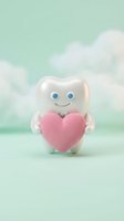 Cute cartoon tooth character holding pink heart on mint green background with clouds for dental care and oral health campaigns.