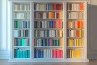 White built-in bookshelf with color-coordinated books arranged in rainbow spectrum order, creating modern minimalist interior design statement against bright window light.