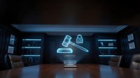 Legal gavel and padlock neon signs glowing above wooden desk in modern dark office with shelving, representing law, justice, security, and compliance for corporate and legal services.