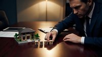Male real estate agent or property developer arranging wooden blocks with 2024 numbers on desk next to architectural model, symbolizing new year planning and business growth in housing market.