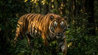 Majestic orange tiger with black stripes standing in lush green jungle foliage during golden hour sunlight filtering through trees creating dramatic wildlife scene.