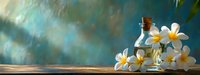 Glass bottle with plumeria flowers on wooden surface against blurred turquoise background. Spa and wellness composition with tropical frangipani blooms in soft light.